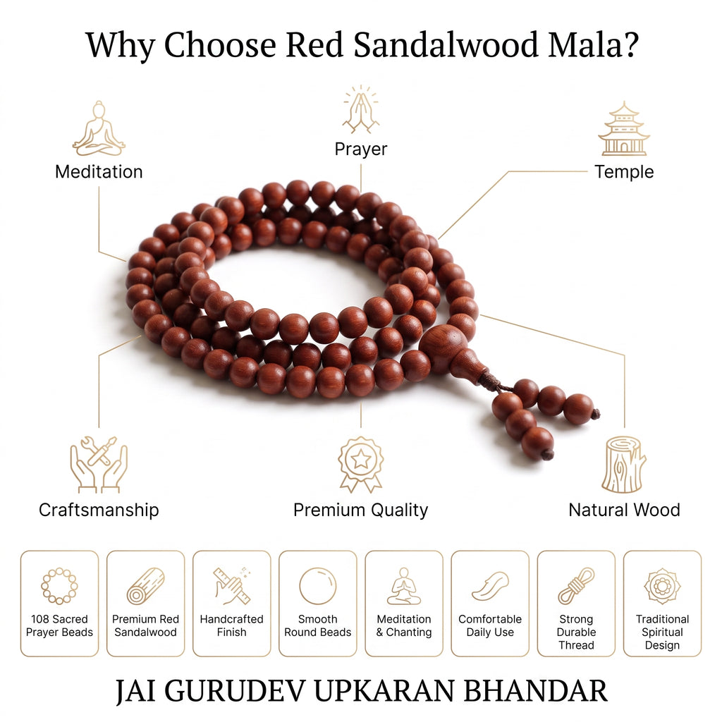 Lal chandan mala beads showing natural raktachandan colour and grain