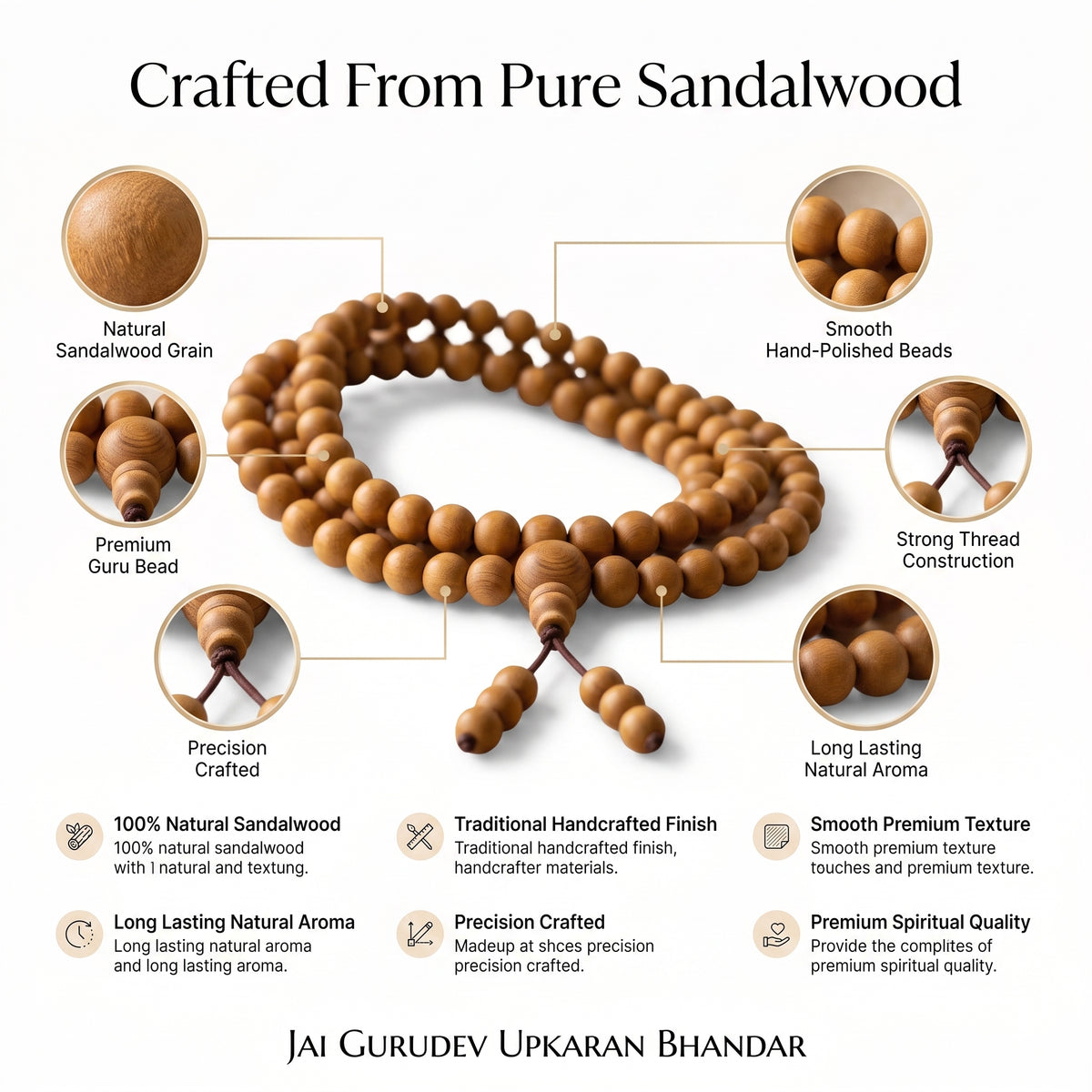 Pure white sandalwood mala with 108 chandan beads and guru bead
