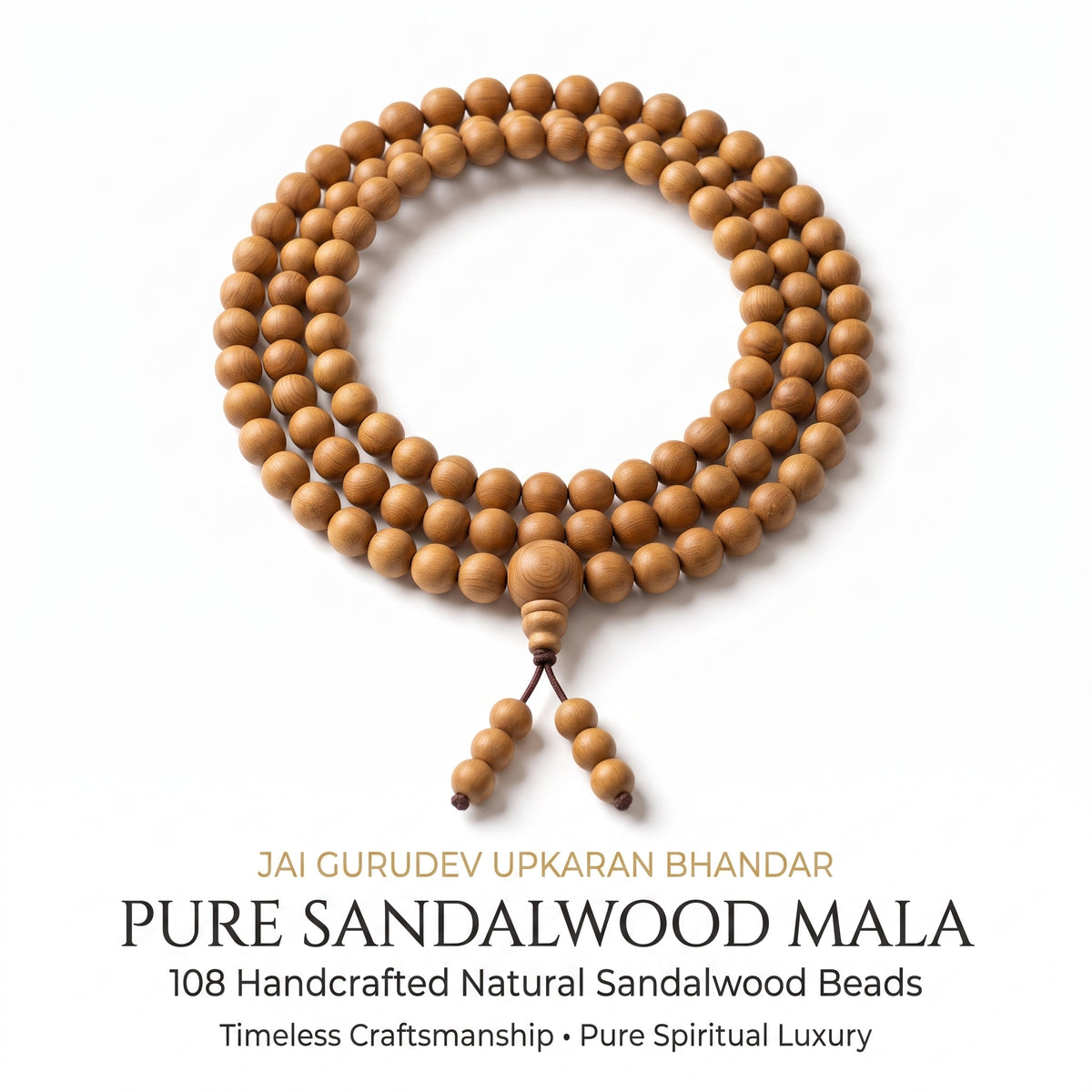 White chandan japa mala beads showing natural sandalwood grain