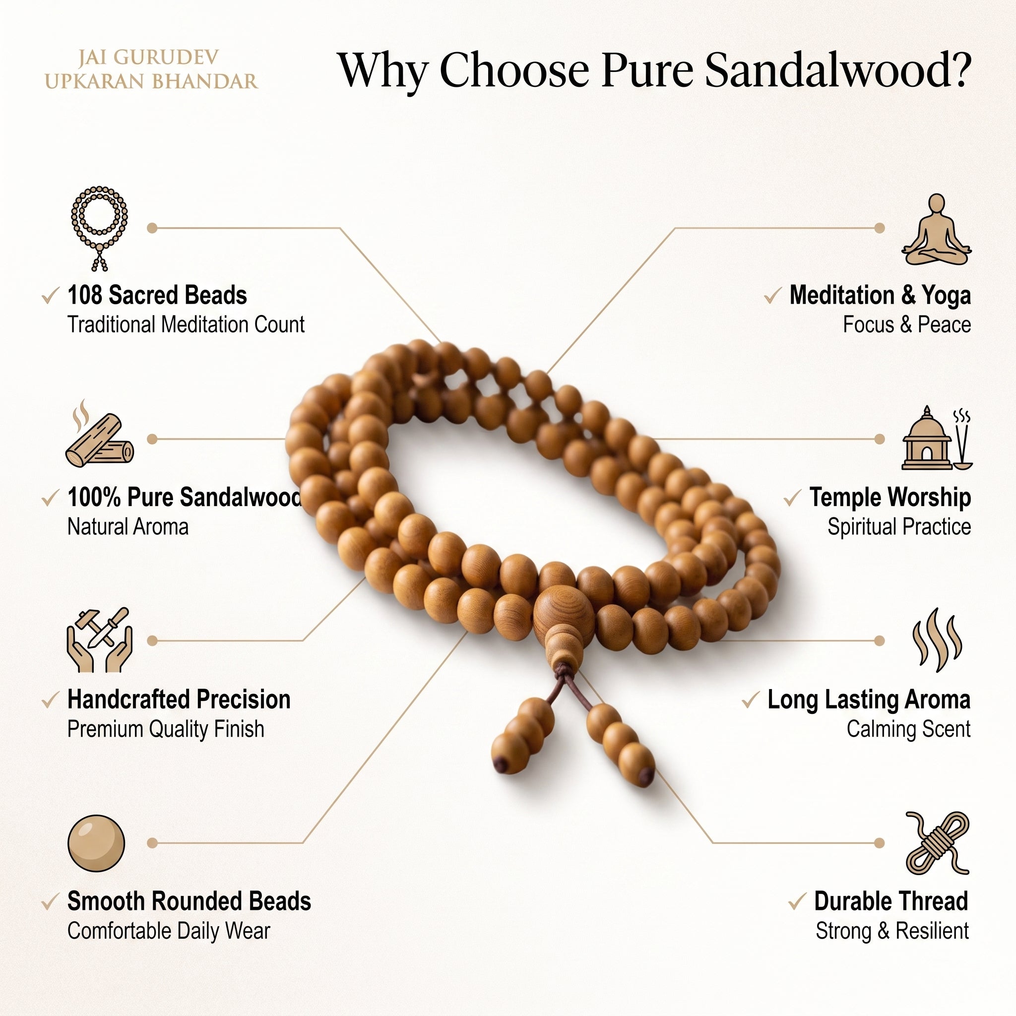 Hand-strung pure chandan mala from Jai Gurudev Upkaran Bhandar