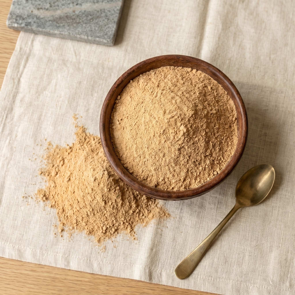 Pure sandalwood chandan powder top view with brass spoon for tilak and face pack