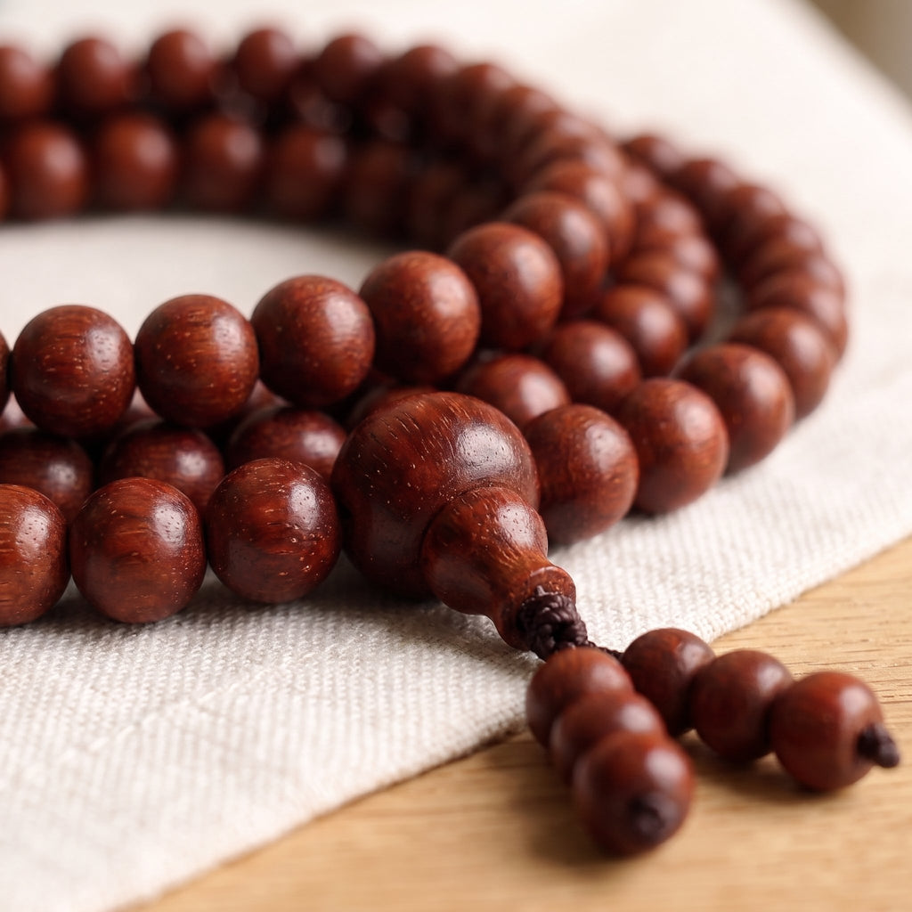 Lal chandan red sandalwood mala guru bead closeup for japa and meditation