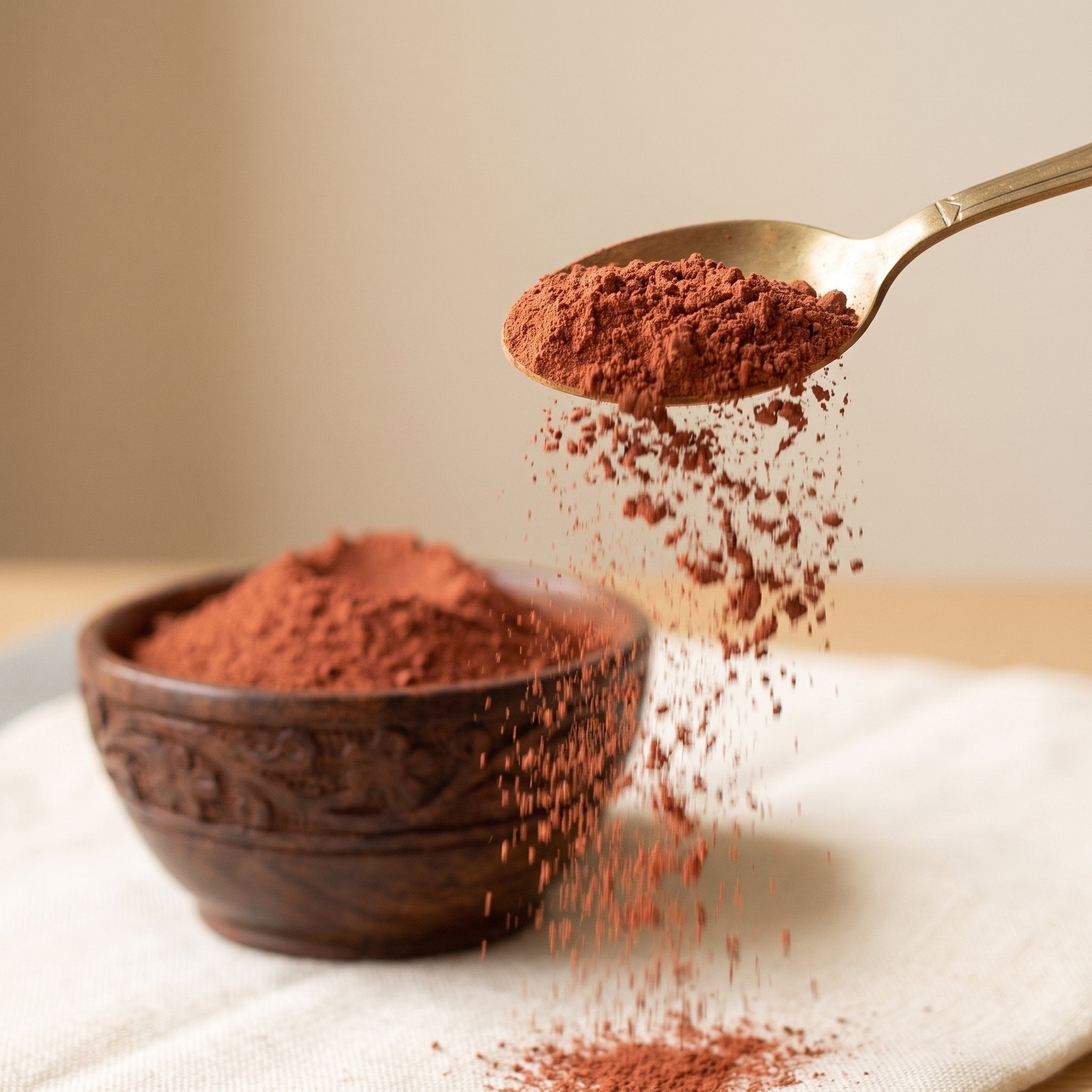 Fine lal chandan powder sifting from brass spoon - pure red sandalwood for face and tilak