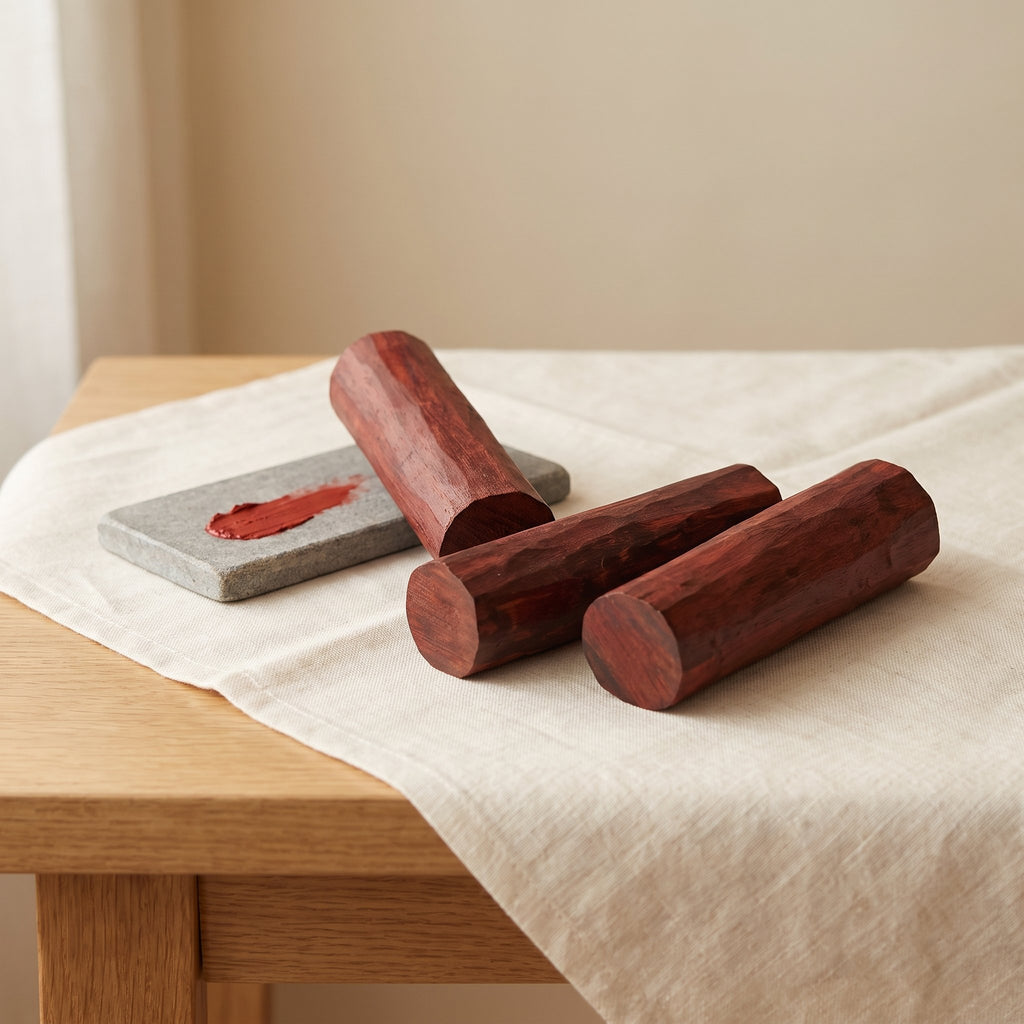 Lal chandan red sandalwood sticks with fresh tilak paste on grinding stone for pooja