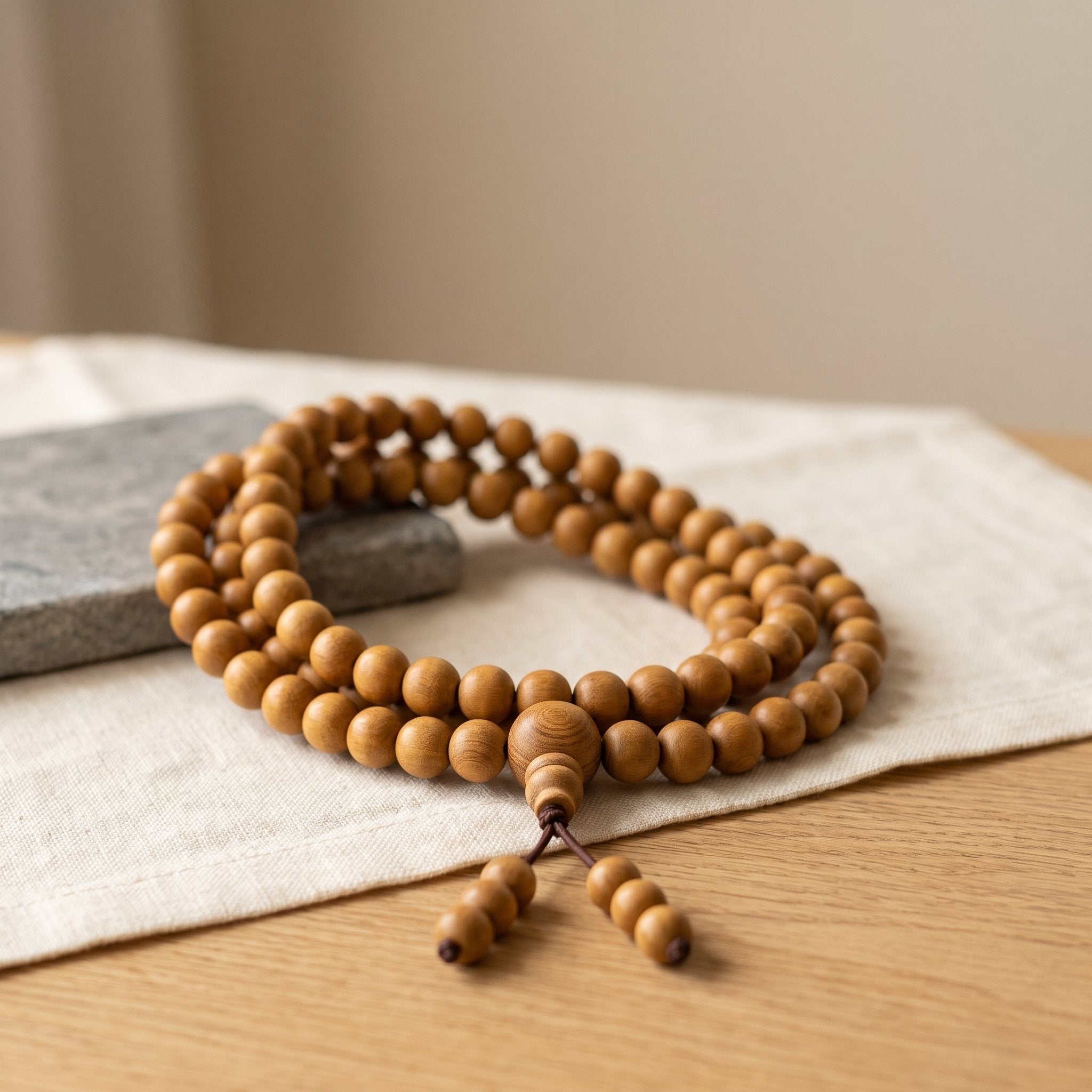 Pure sandalwood chandan japa mala 108 beads for meditation and pooja, coiled with guru bead