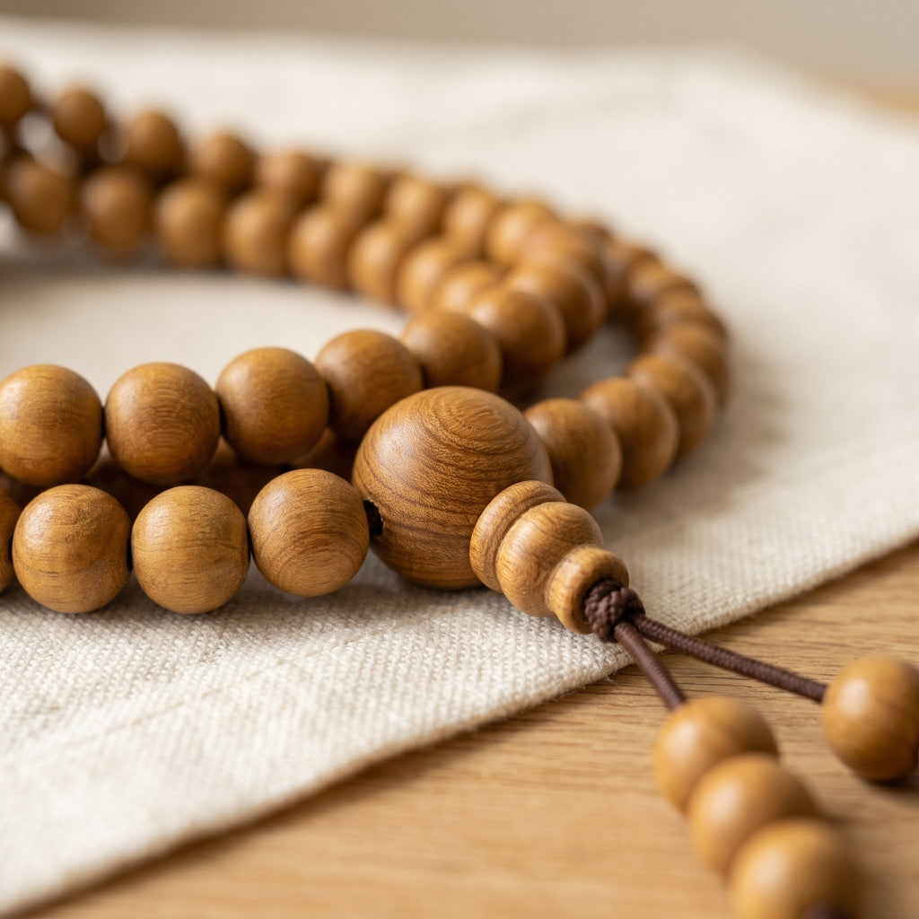 Chandan mala guru bead closeup - white sandalwood japa mala for mantra meditation