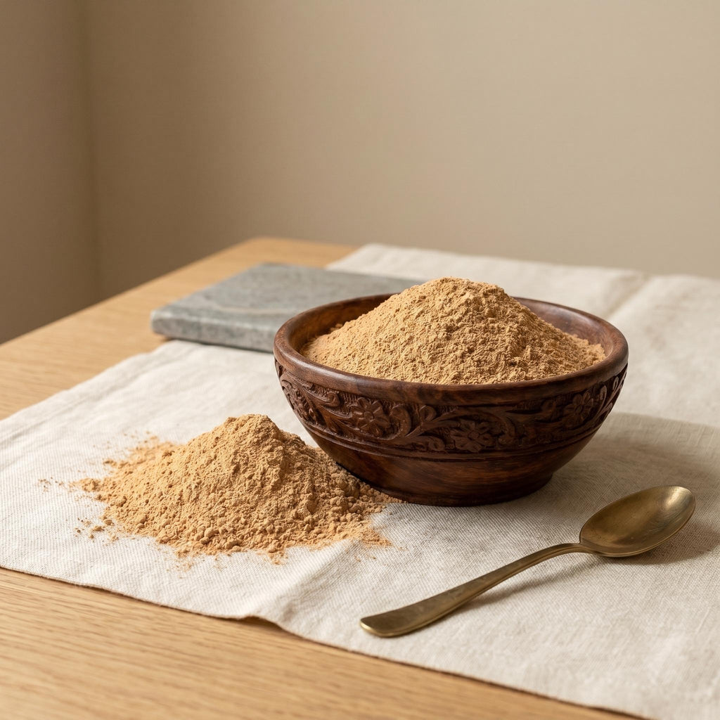 Pure chandan sandalwood powder in wooden bowl for pooja tilak and face pack