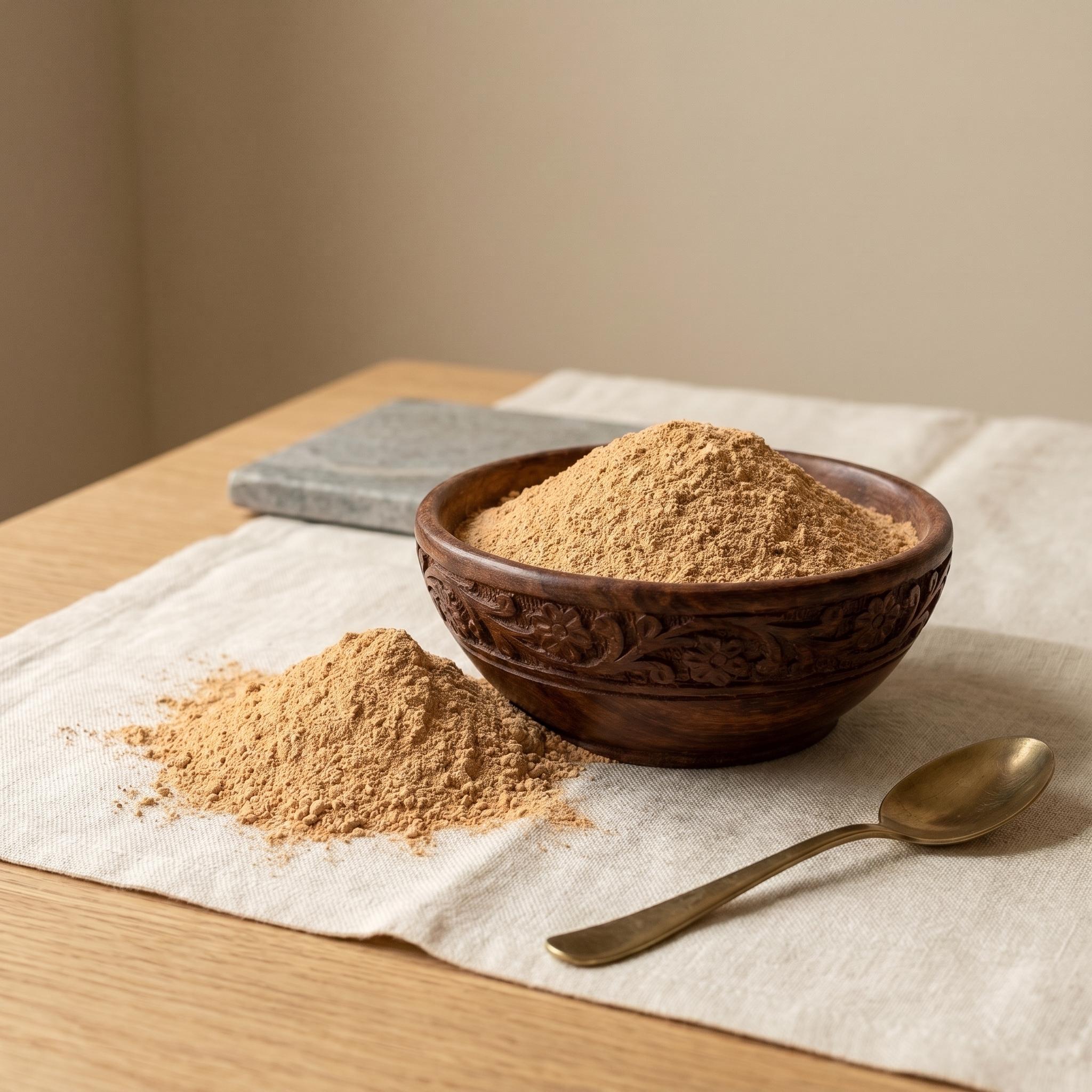 Pure chandan sandalwood powder in wooden bowl for pooja tilak and face pack