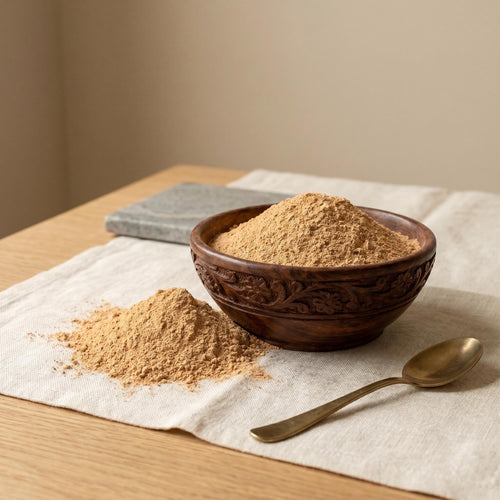 Pure chandan sandalwood powder in wooden bowl for pooja tilak and face pack