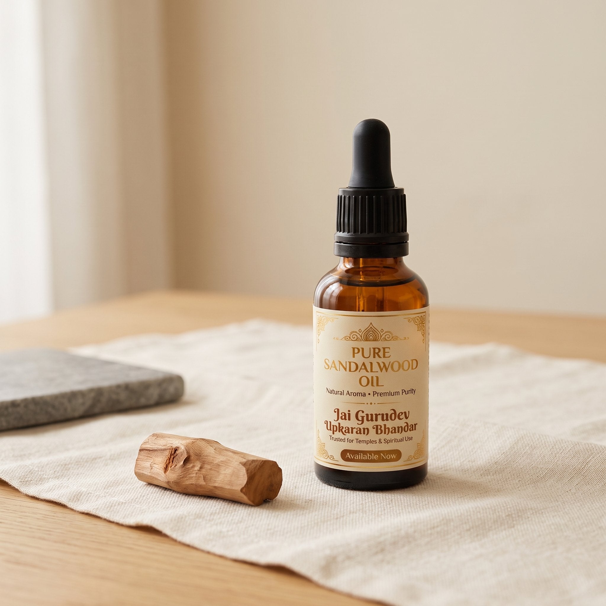 Pure sandalwood oil bottle by Jai Gurudev Upkaran Bhandar with raw chandan wood - for pooja, meditation and skincare
