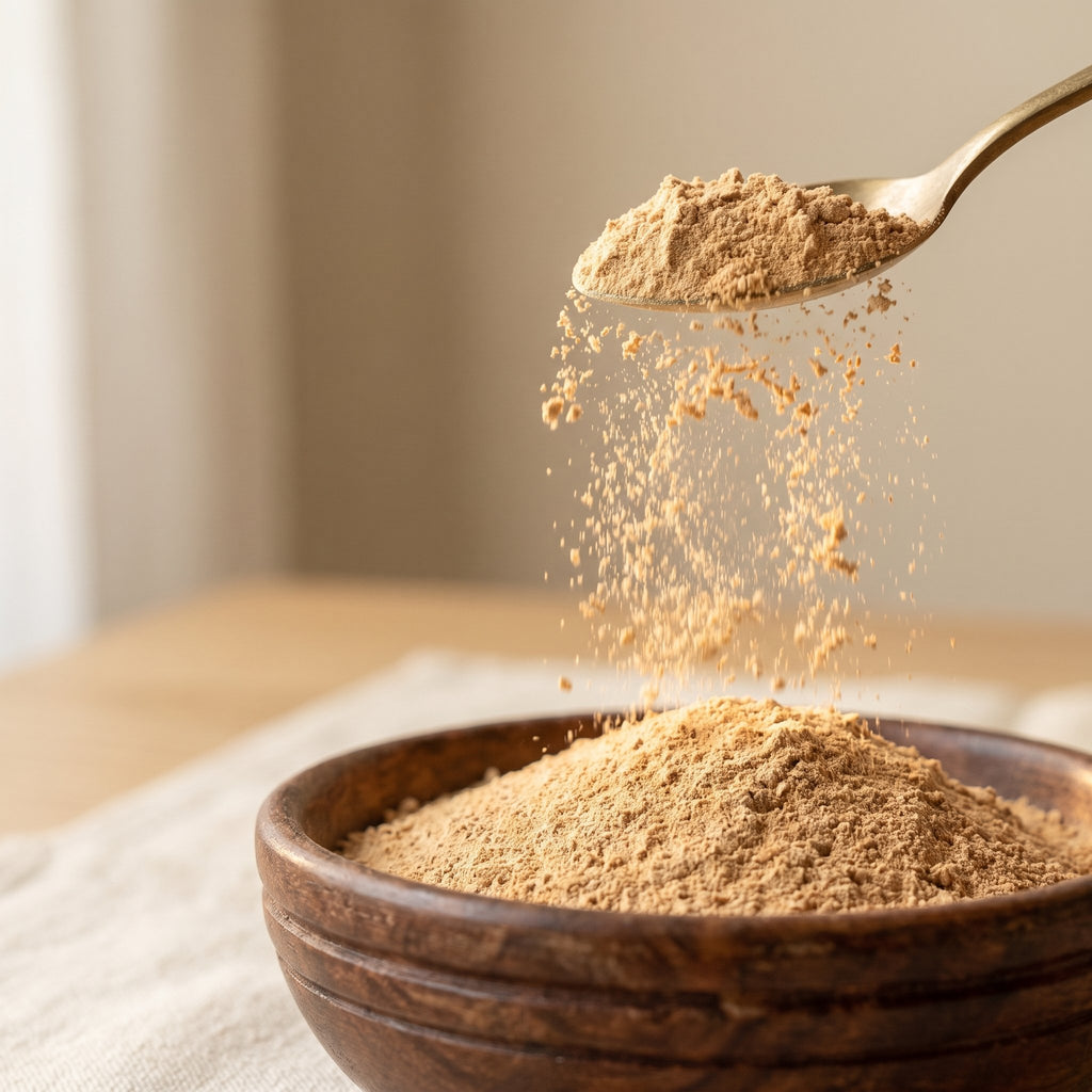 Fine pure sandalwood powder cascading from spoon - chandan for skincare ubtan and pooja paste