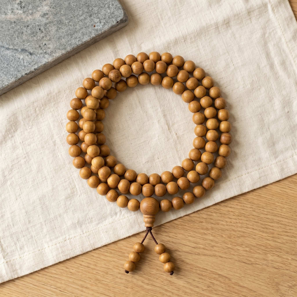 White sandalwood chandan mala 108 beads full circle top view - spiritual japa mala