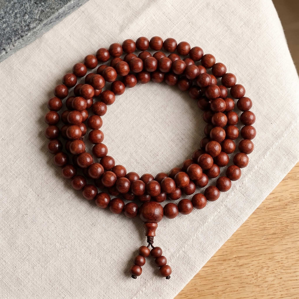 Lal chandan mala 108 beads full circle top view - red sandalwood japa mala for pooja
