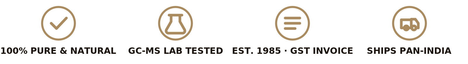 Trust badges - 100% pure natural sandalwood, GC-MS lab tested, Est. 1985 with GST invoice, ships pan-India